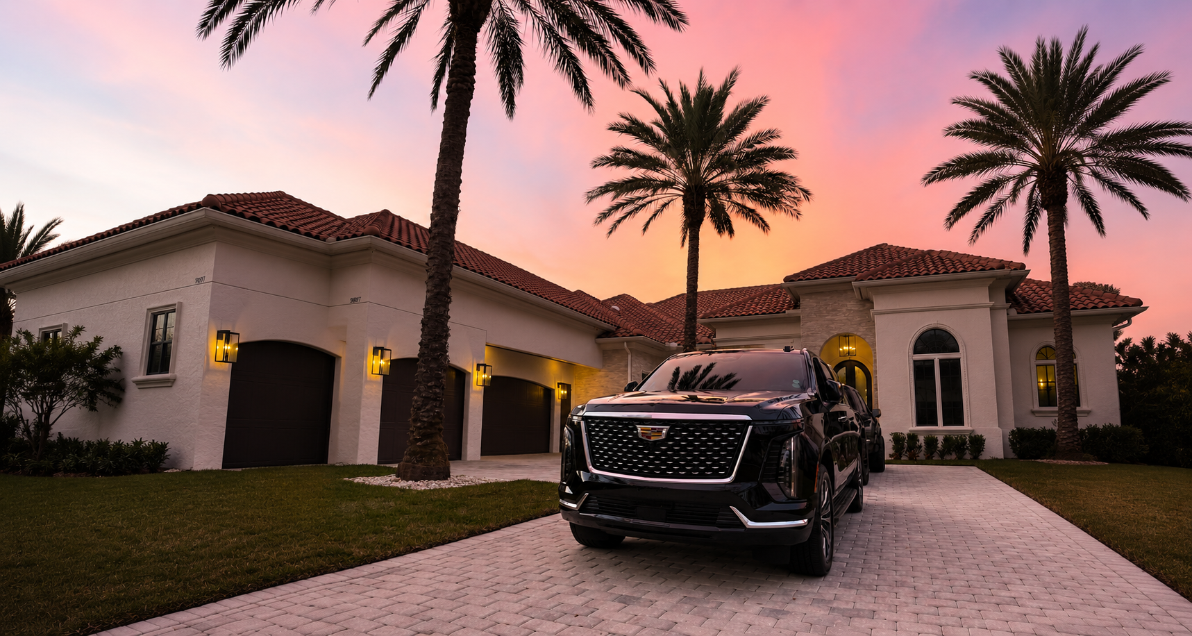 Black Cadillac Escalade at a luxury Orlando resort at sunset — Black Chariot Limousine chauffeur service