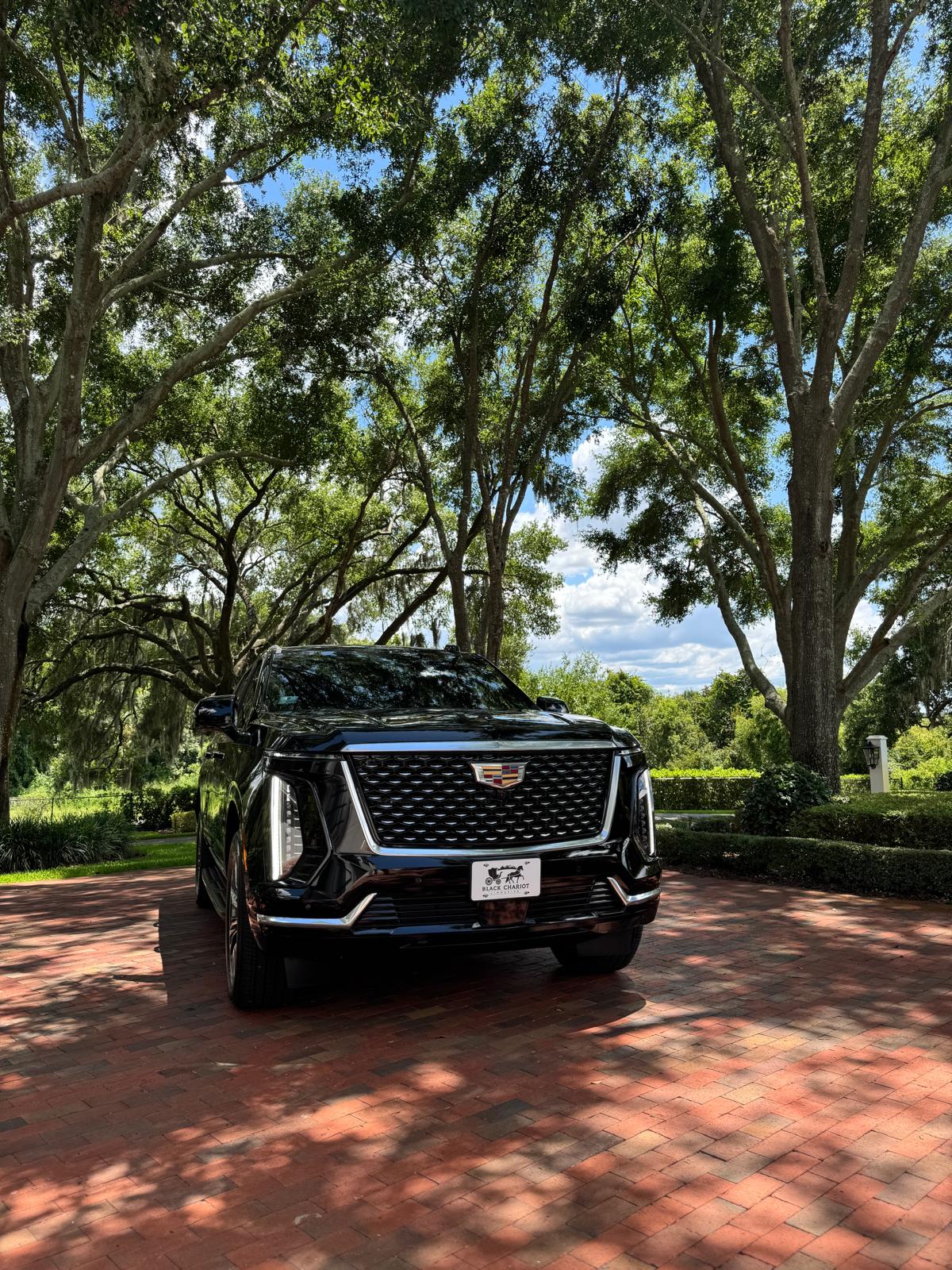 Black Cadillac Escalade on a tree-lined Orlando resort drive for theme park transportation